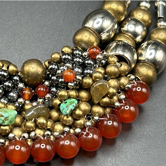 Vintage Pam Hiran Signed Beaded Brasstone Bib Statement Necklace 🤩 - Picture 5 of 6
